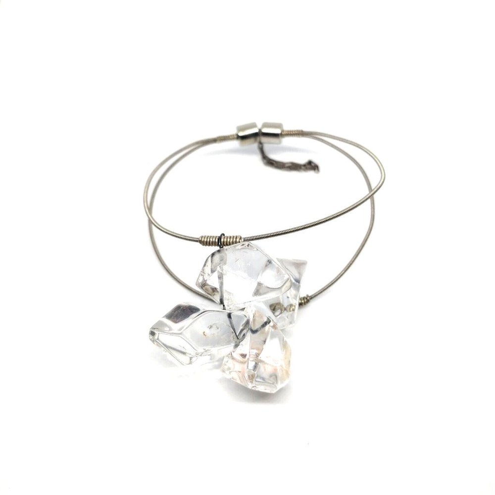 Bangle Wire Bracelet W/ Chunky Clear Rock Shaped Bead Cluster Magnetic Closure